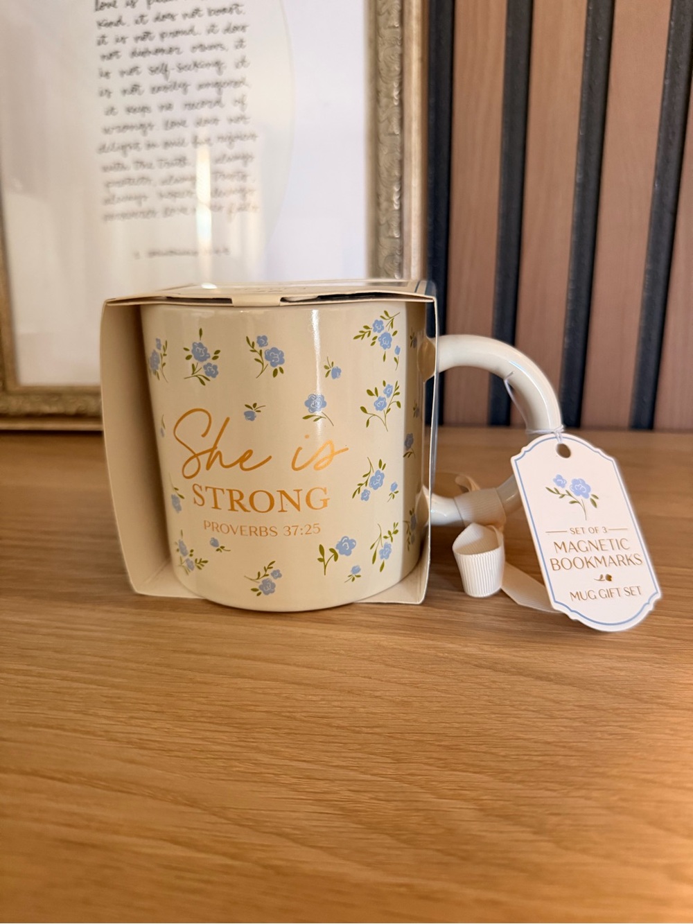 She Is Strong Proverbs 37:25 Floral Christian Coffee Mug NEW and bookmarks